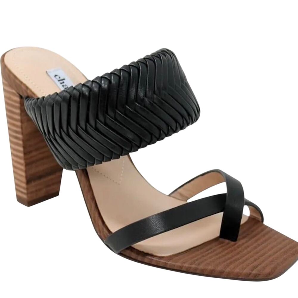 Charles Davis Horatio Block Heel Sandal Sz 8 Black Leather Slip-On Toe Loop New